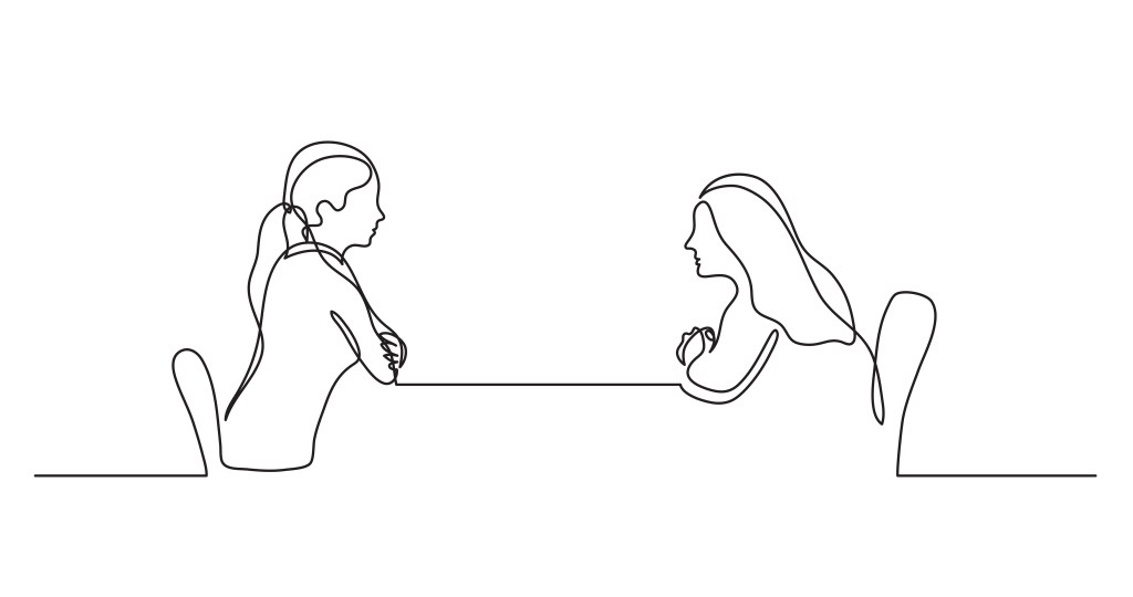Line drawing of two people talking seated at a table